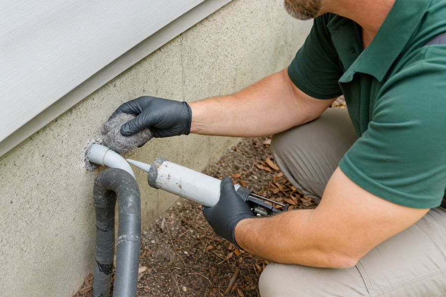 Technician sealing a gap around a pipe at a house foundation